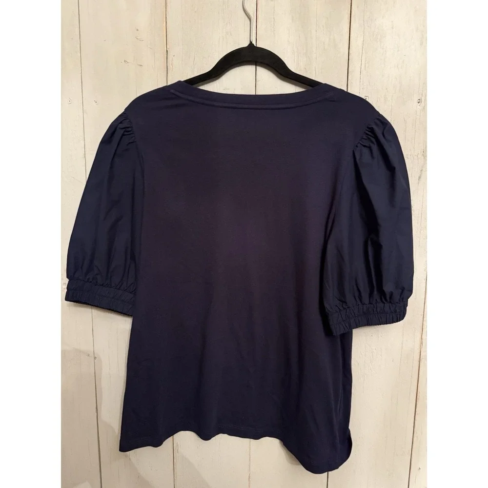 LOFT Top Blouse Mixed Media Navy Blue Puff Sleeve Knit Cotton‎ Cottagecore Sz-M